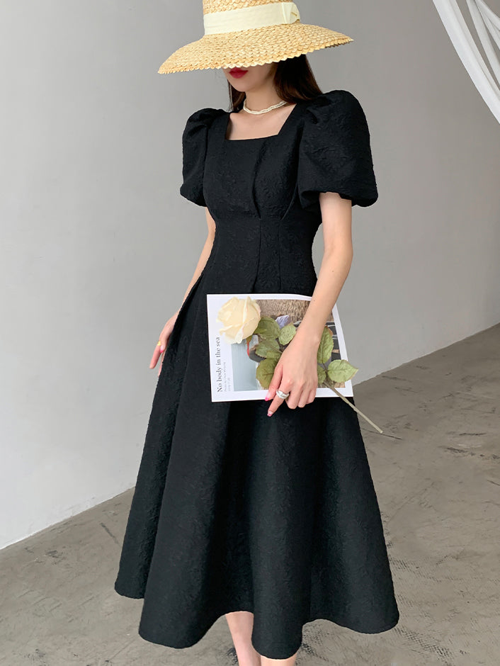 square neck waist puff sleeve flare long black dress