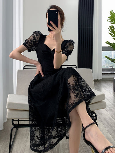 square neck flare black lace one piece