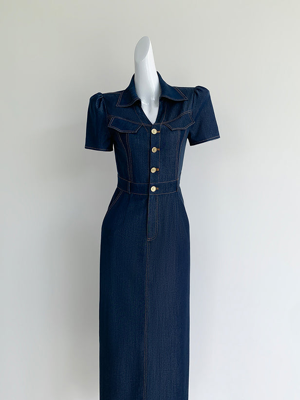 dark blue denim tight long one piece