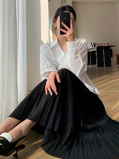 black pleats long skirt