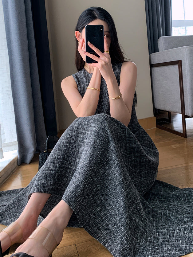 sleeveless slim waist gray long one piece