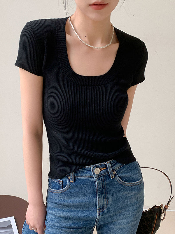 u neck short sleeve knit tops