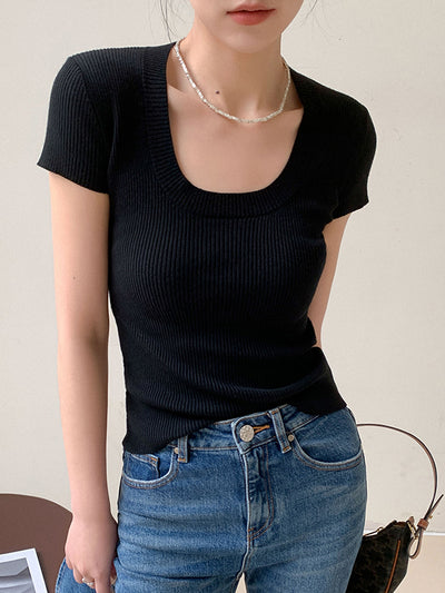 u neck short sleeve knit tops