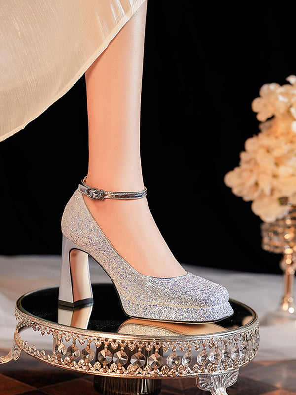 crystal square toe high heel pumps