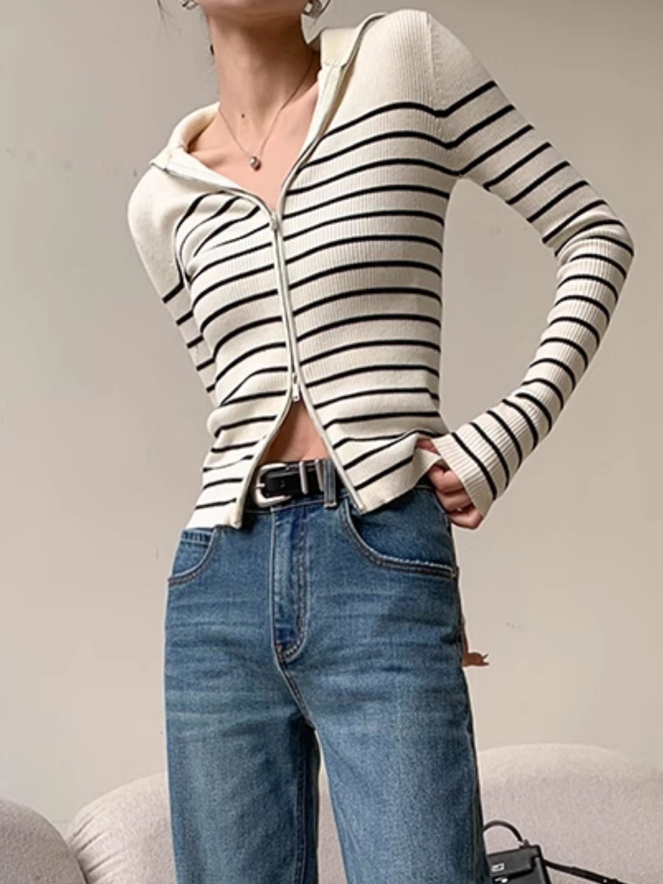 striped zipper knit tops