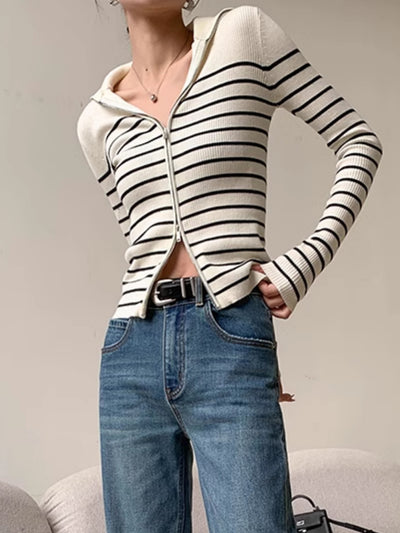 striped zipper knit tops