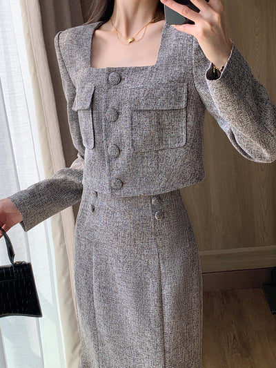 gray brown square collar short French jacket