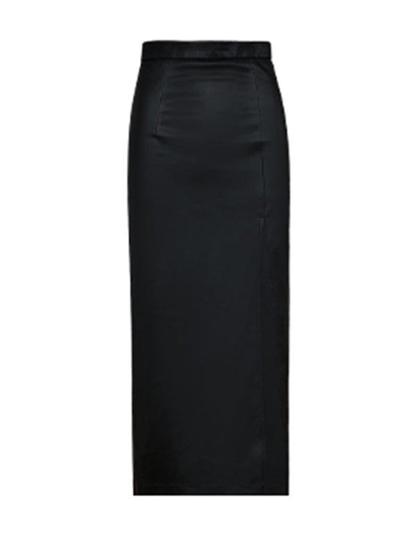 high waist slim slit leather long skirt