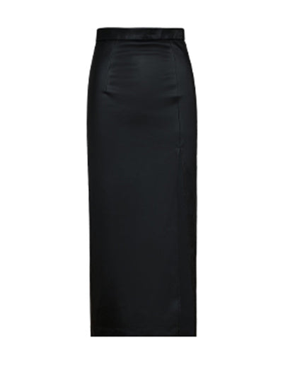 high waist slim slit leather long skirt