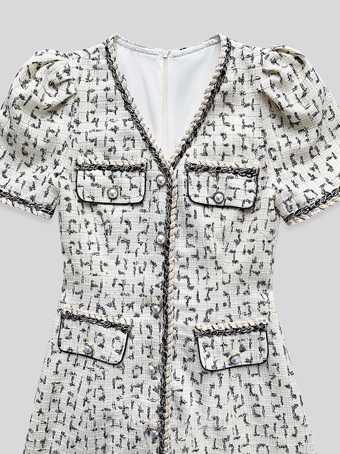v neck button tweed check short one piece