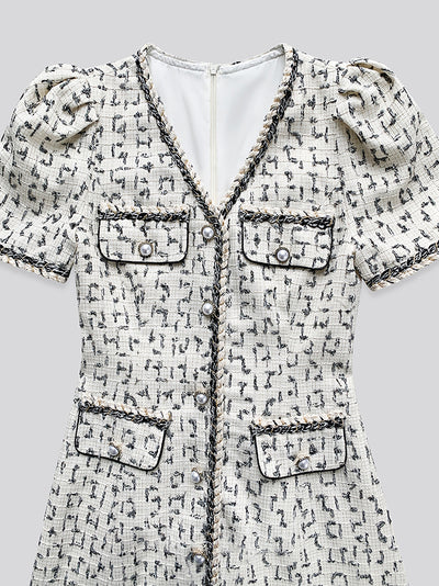 v neck button tweed check short one piece