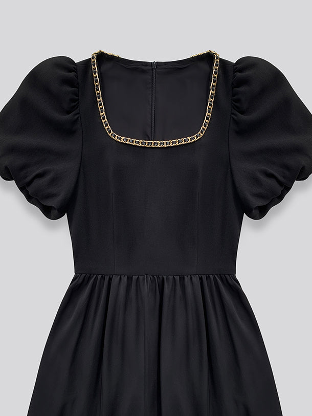 chain square neck puff sleeve black dress