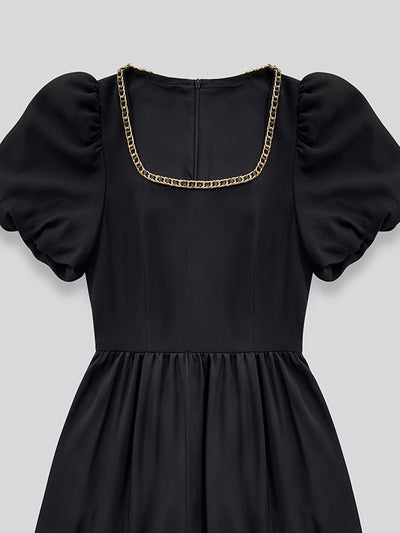 chain square neck puff sleeve black dress