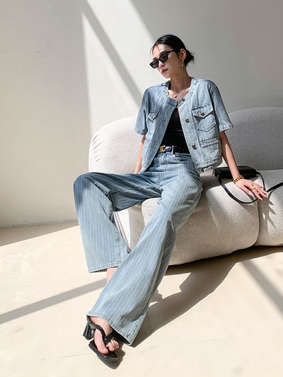 high waist light blue stripe wide pants