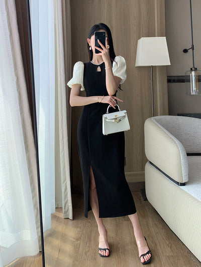 puff sleeve bijou neck bicolor slit dress