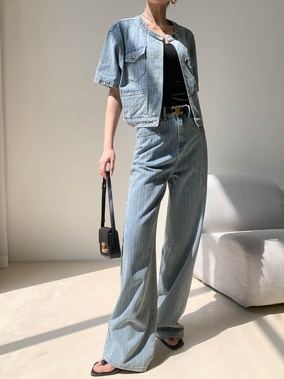 high waist light blue stripe wide pants