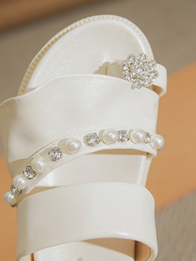 flat ruffle pearl bijou sandals