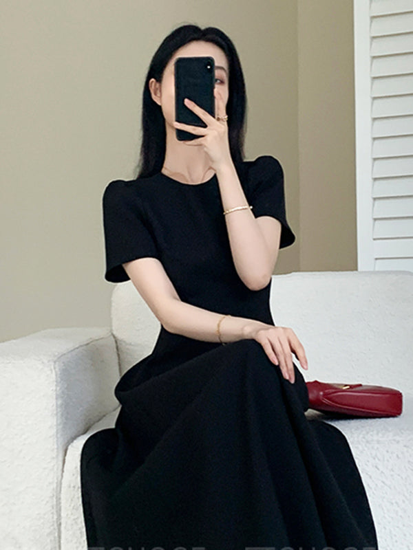u neck black flare long dress