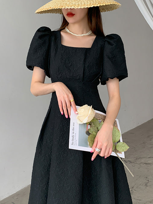 square neck waist puff sleeve flare long black dress