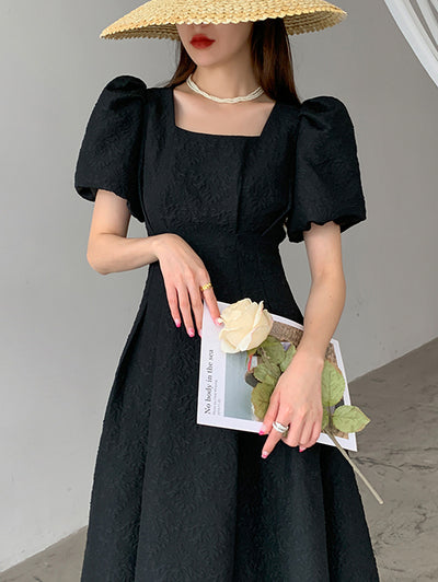 square neck waist puff sleeve flare long black dress