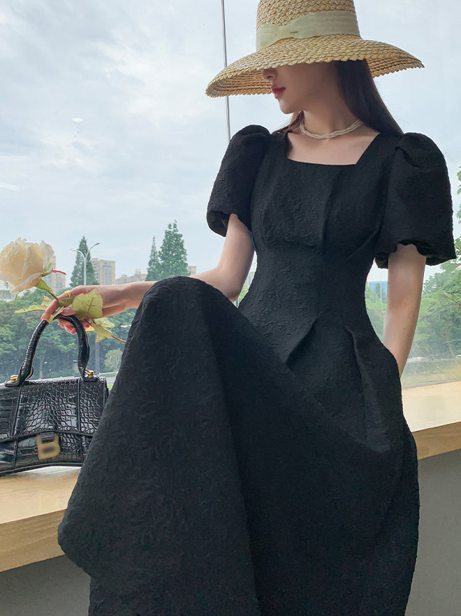 square neck waist puff sleeve flare long black dress