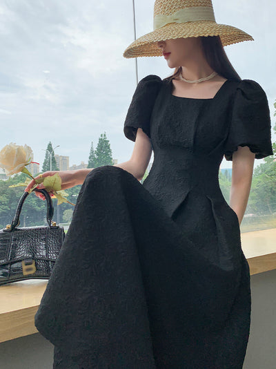 square neck waist puff sleeve flare long black dress