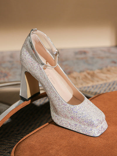 crystal square toe high heel pumps
