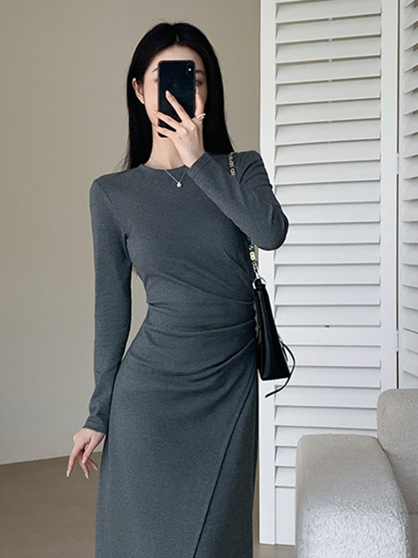 gray long sleeve slit long dress