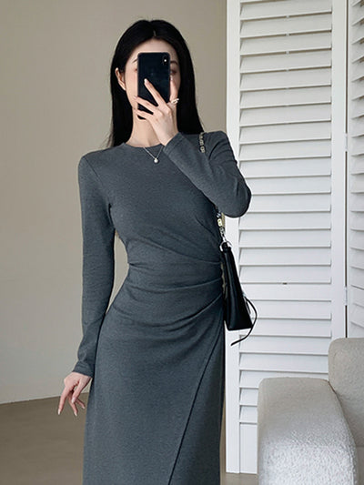 gray long sleeve slit long dress