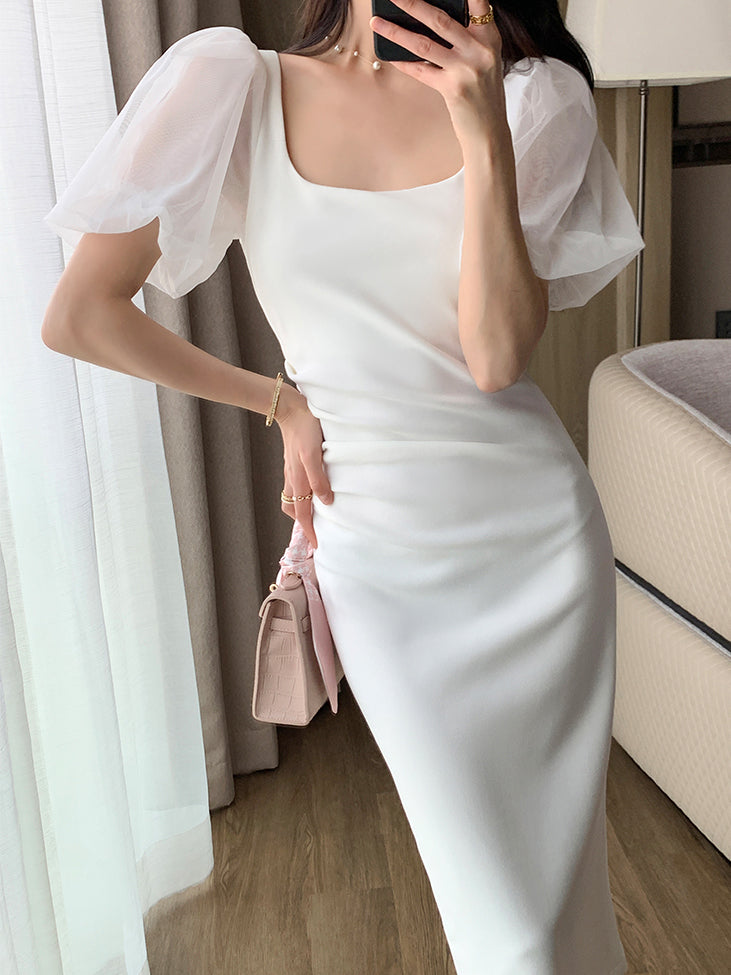 chiffon puff sleeve white tight dress