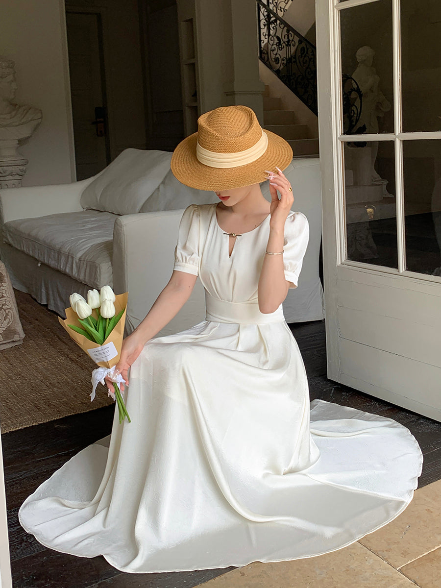 off white back ribbon long dress