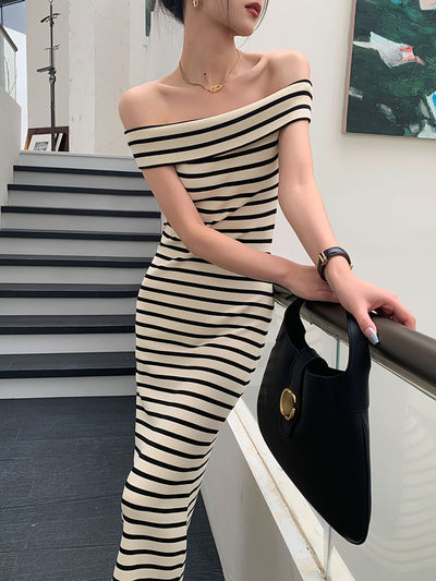striped off shoulder knit long one piece