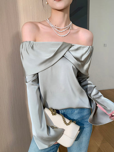 satin off shoulder draped tops