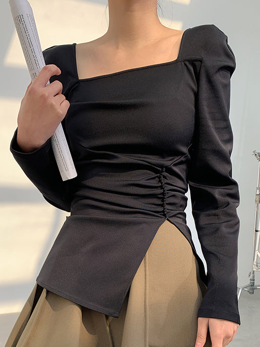 square collar slim slit tops