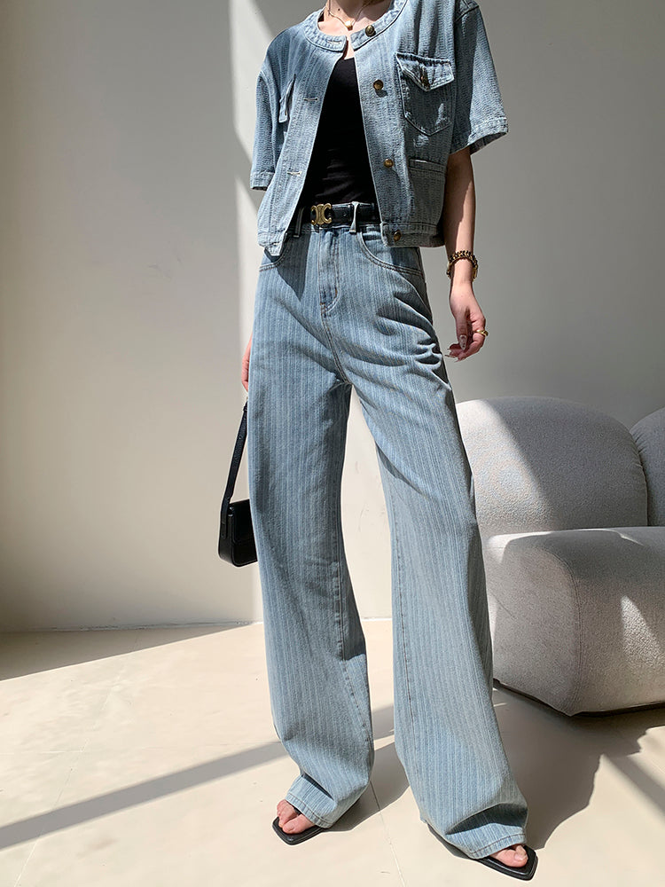 high waist light blue stripe wide pants