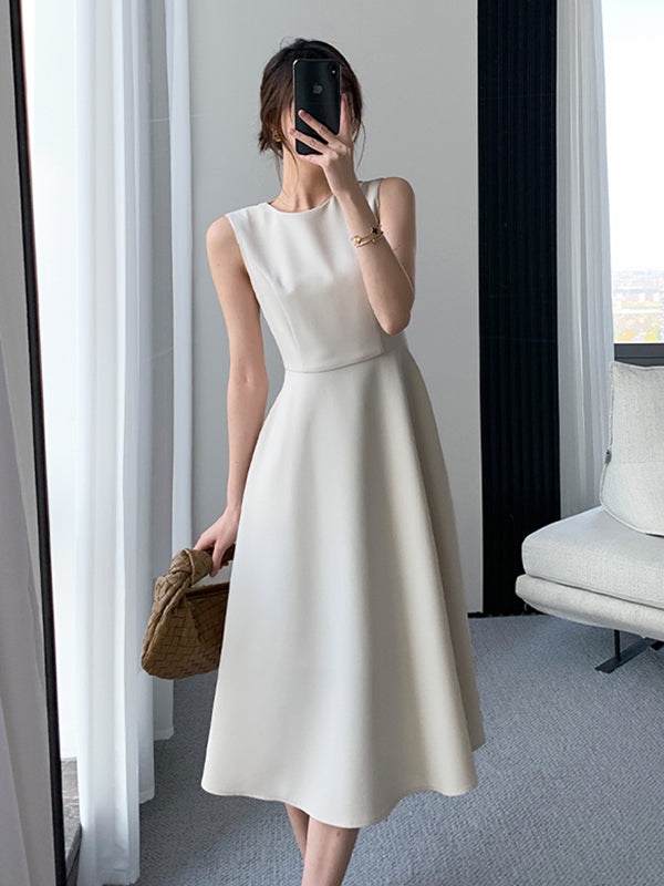 sleeveless high waist round neck flare dress