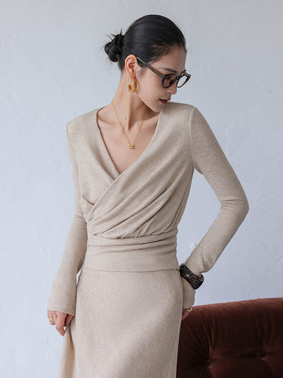 v neck tops long skirt 2 piece set