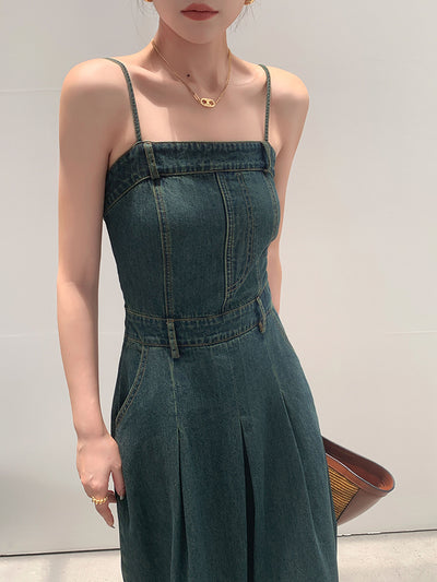 vintage blue denim camisole pleats long one piece