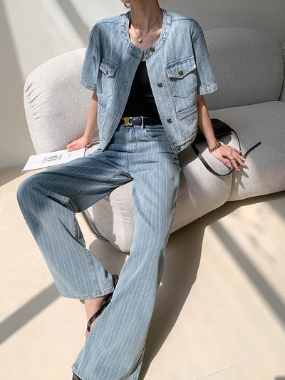 high waist light blue stripe wide pants