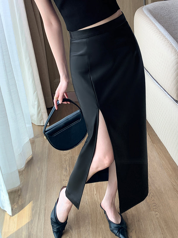 high waist slim slit leather long skirt