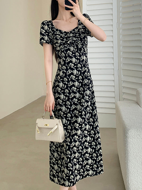 square neck flower tight long dress