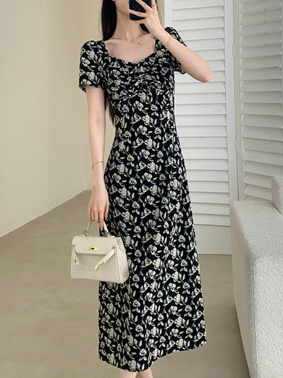 square neck flower tight long dress