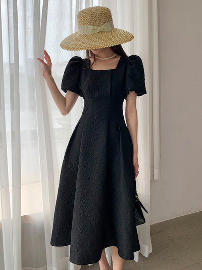 square neck waist puff sleeve flare long black dress