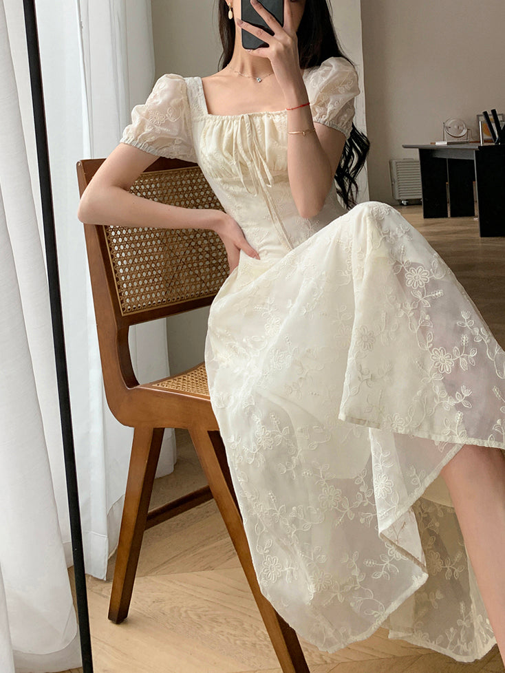 square neck puff sleeve lace long dress