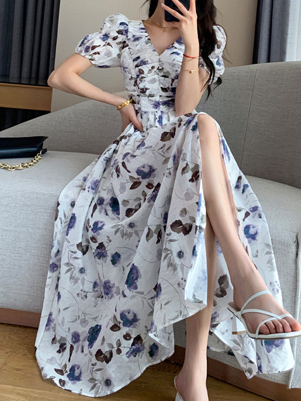 v neck puff sleeve flower slit one piece