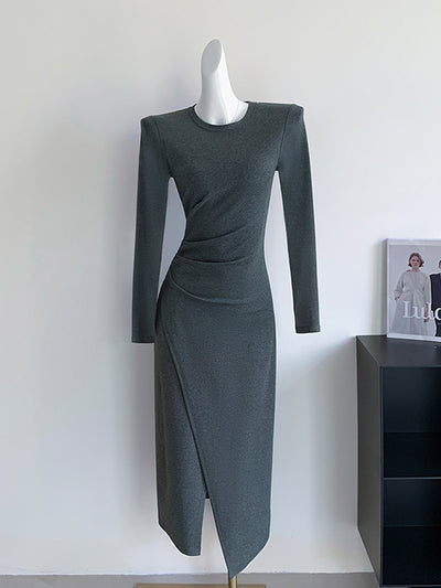 gray long sleeve slit long dress