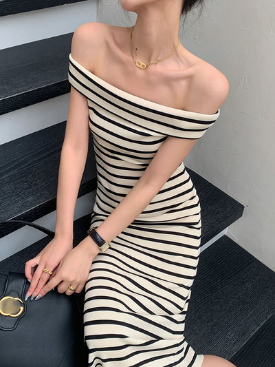 striped off shoulder knit long one piece