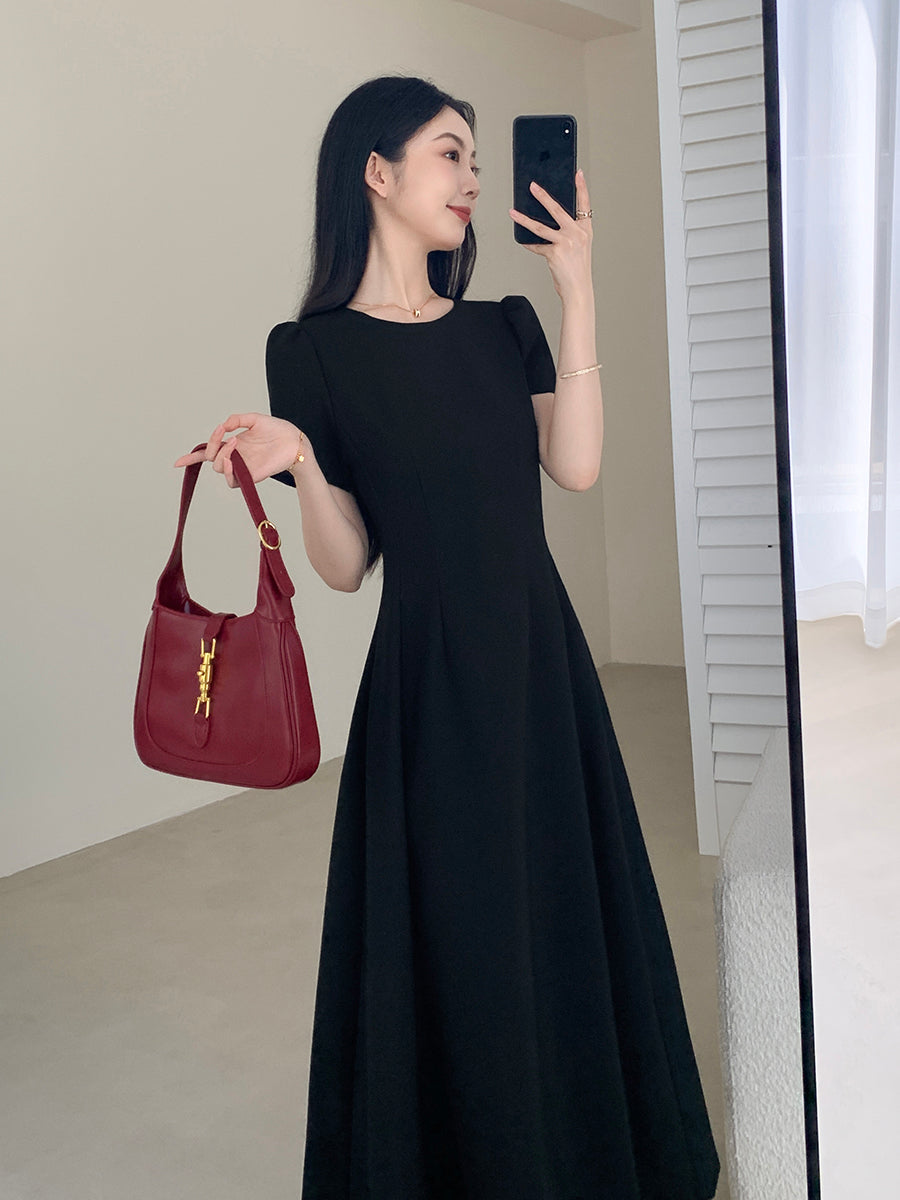 u neck black flare long dress
