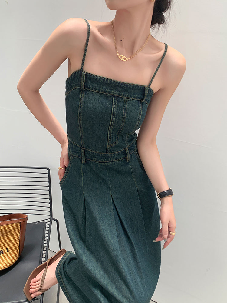 vintage blue denim camisole pleats long one piece