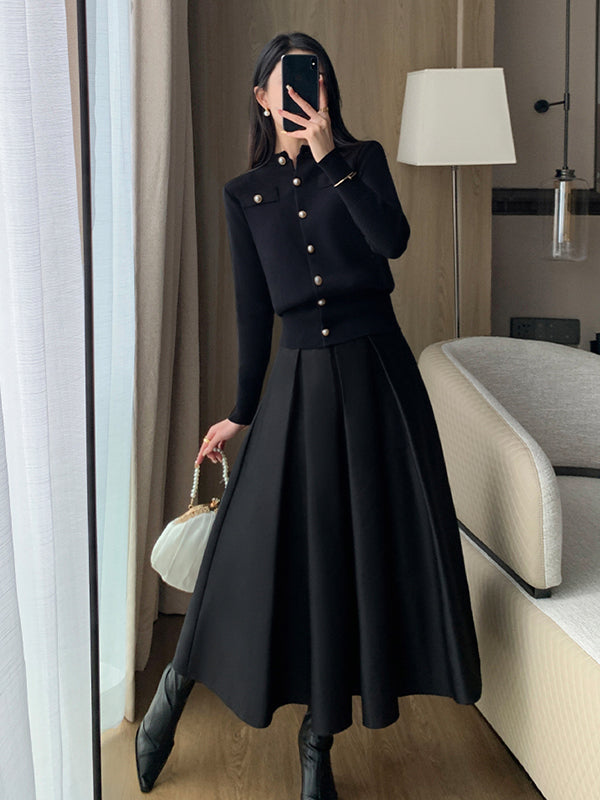 high waist slim pleated black long skirt